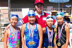 This picture shows Coach Wang and her students in a swim meet